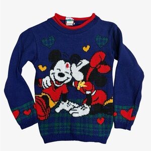 Vintage Disney Mickey & Minnie Kiss Sweater Kids Blue Heart Knit Retro 90s